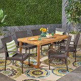 Outdoor 7 Piece Acacia Wood Dining Set with Stacking Wicker Chairs - NH832603