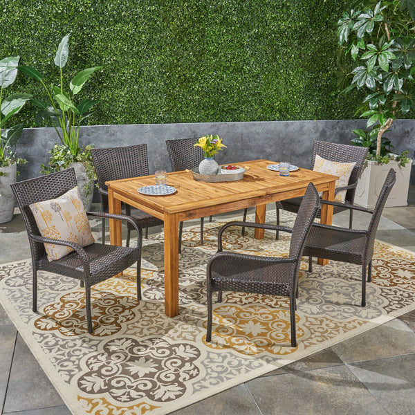 Outdoor 7 Piece Wood and Wicker Expandable Dining Set - NH544503