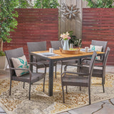 Outdoor 6-Seater Rectangular Acacia Wood and Wicker Dining Set, Teak with Black and Multi Brown - NH403603