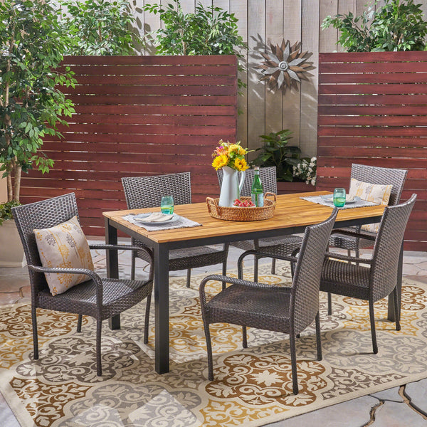 Outdoor 7 Piece Acacia Wood Dining Set with Stacking Wicker Chairs, Teak and Gray - NH717503