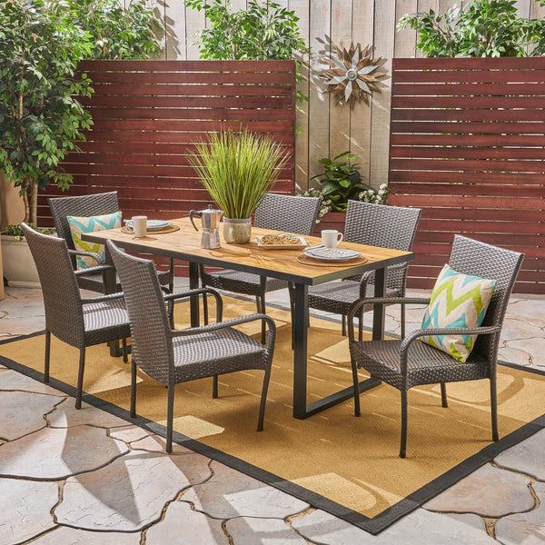 Outdoor 6-Seater Rectangular Acacia Wood and Wicker Dining Set - NH792603
