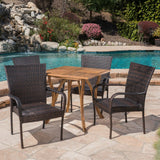 Outdoor 5 Piece Acacia Wood/ Wicker Dining Set, Teak Finish and Multibrown - NH403403