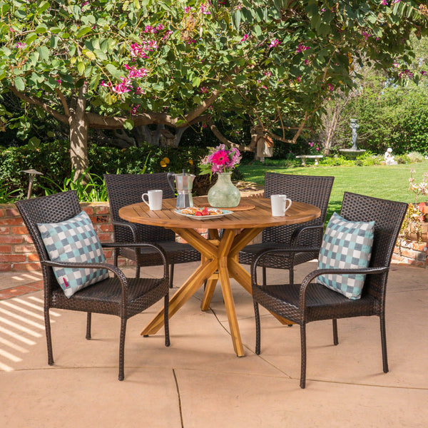 Outdoor 5 Piece Multibrown Wicker Dining Set with Teak Finish Circular Acacia Wood Dining Table - NH091403