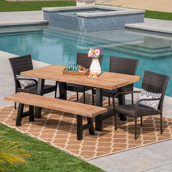 Outdoor 6-Piece Stacking Wicker and Concrete Lightweight Dining Set with Natural Oak Finish in Multibrown - NH297303