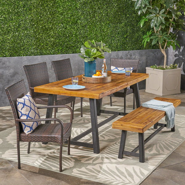Outdoor 6 Piece Dining Set with Wicker Chairs and Bench, Sandblast Teak and Multi Brown and Beige - NH342603