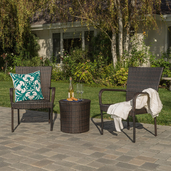 Outdoors Brown Wicker 3 Piece Stacking Chair Chat Set - NH724992