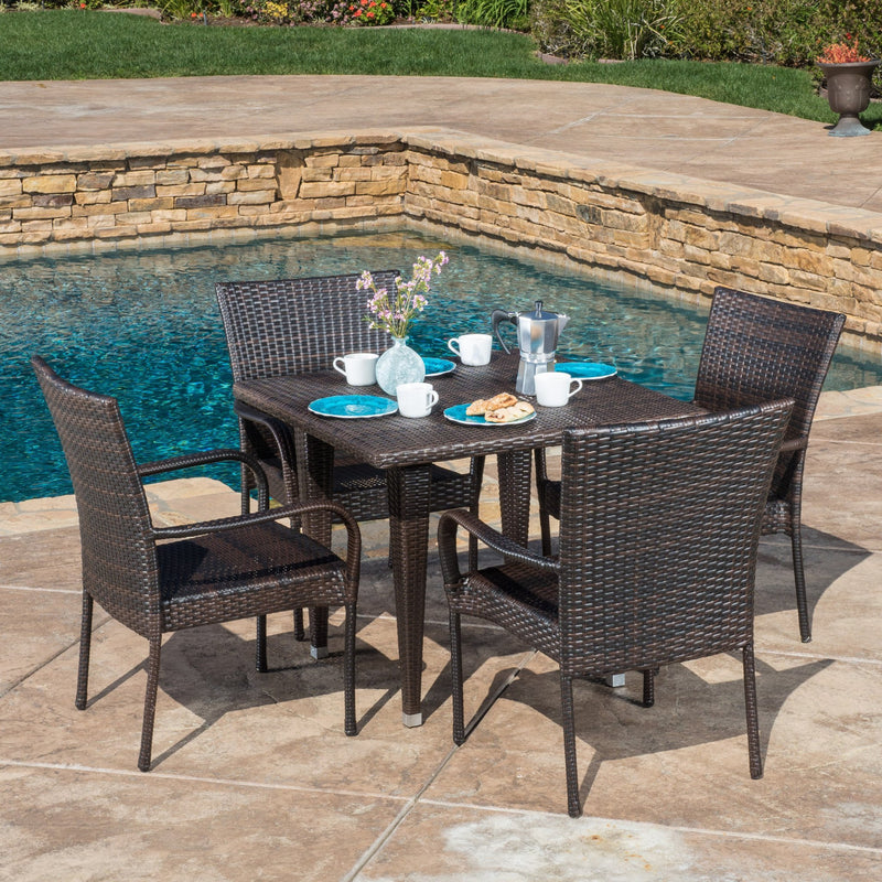 Contemporary Outdoor 5pc Brown Wicker Dining Set - NH586692