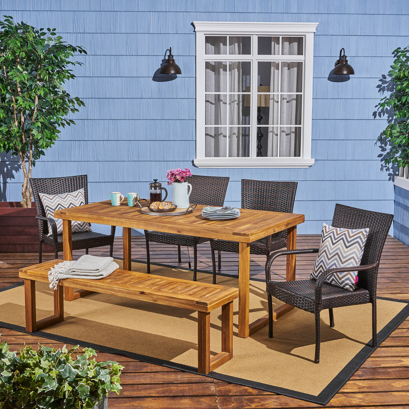 Outdoor 6-Seater Wood and Wicker Chair and Bench Dining Set - NH284503