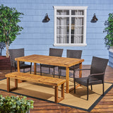 Outdoor 6-Seater Wood and Wicker Chair and Bench Dining Set - NH284503