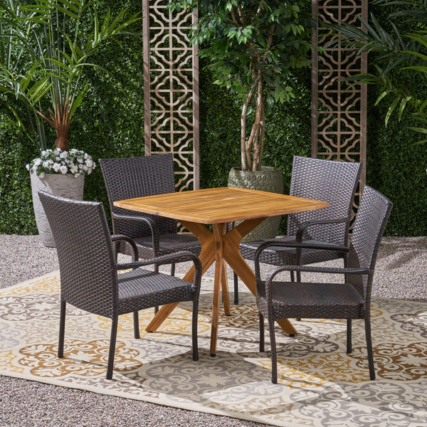 Outdoor 5 Piece Wood and Wicker Dining Set - NH981503