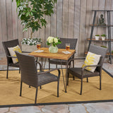 Outdoor Farmhouse Wood and Wicker 5 Piece Square Dining Set - NH364503