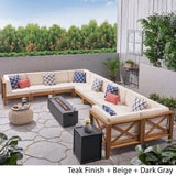 Outdoor Acacia Wood 10 Seater U-Shaped Sectional Sofa Set with Fire Pit - NH777603