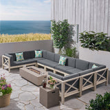 Outdoor Acacia Wood 10 Seater U-Shaped Sectional Sofa Set with Fire Pit - NH077603