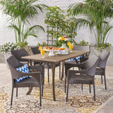 Outdoor 7 Piece Wood and Wicker Dining Set, Gray and Gray - NH821503
