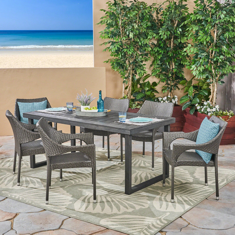 Outdoor 7 Piece Acacia Wood Dining Set with Stacking Wicker Chairs, Sandblast Dark Gray and Gray - NH142603