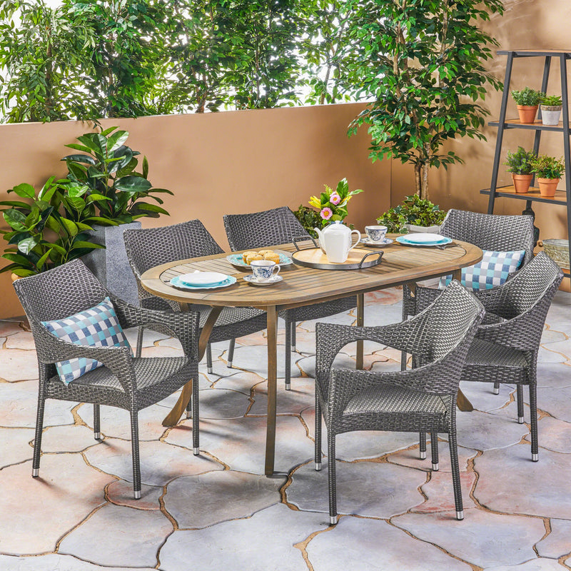 Outdoor 7 Piece Wood and Wicker Dining Set, Gray Finish and Gray - NH962503