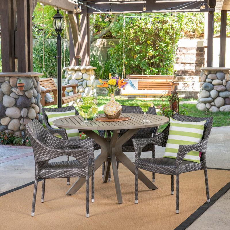 Outdoor 5 Piece Wood and Wicker Dining Set, Gray and Gray - NH801503