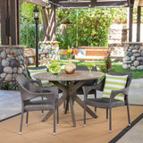 Outdoor 5 Piece Wood and Wicker Dining Set, Gray and Gray - NH801503