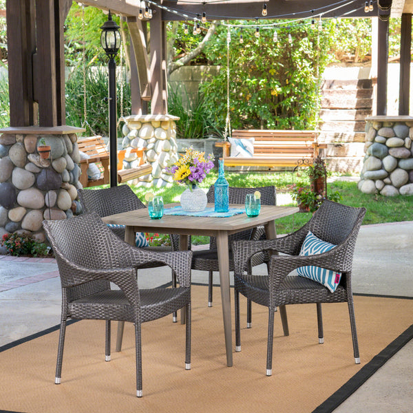 Outdoor 5 Piece Wood and Wicker Dining Set, Gray and Gray - NH811503