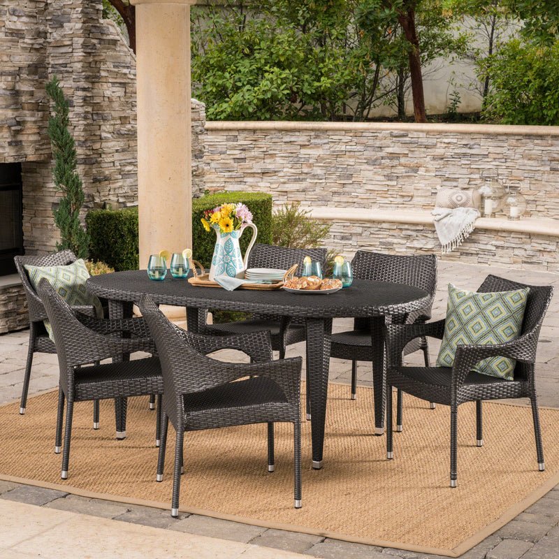 Outdoor 7 Piece Gray Wicker Oval Dining Set with Stacking Chairs - NH156203