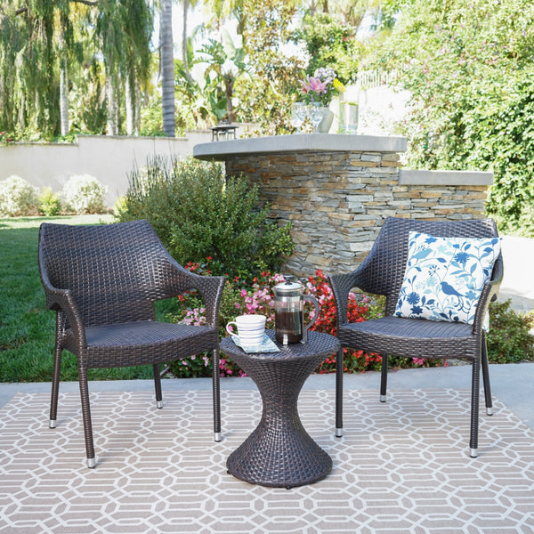 Outdoor 3 Piece Multi-Brown Wicker Chat Set with Stacking Chairs - NH484103