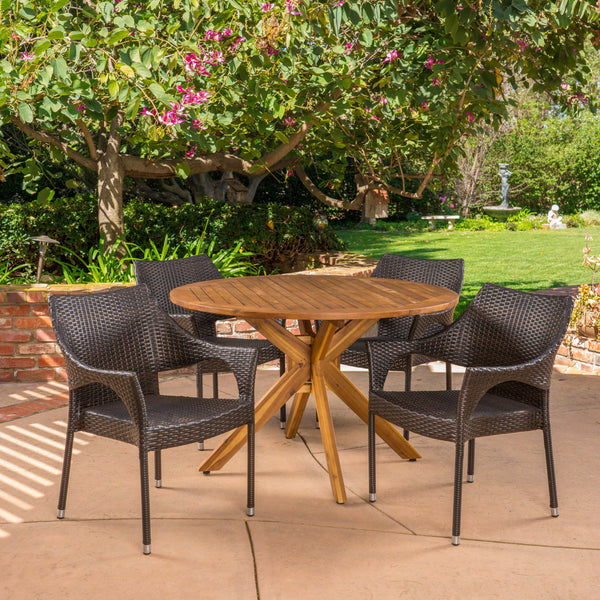Outdoor 5 Piece Multibrown Wicker Dining Set with Teak Finish Circular Acacia Wood Dining Table - NH191403