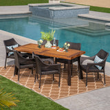 Outdoor 7 Piece Acacia Wood/ Wicker Dining Set, Teak Finish and Multibrown - NH113403