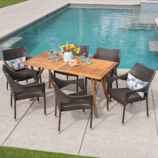Outdoor 7 Piece Acacia Wood/ Wicker Dining Set, Teak Finish and Multibrown - NH592403