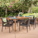 Outdoor 7 Piece Multibrown Wicker Dining Set with Teak Finish Rectangular Acacia Wood Dining Table - NH491403