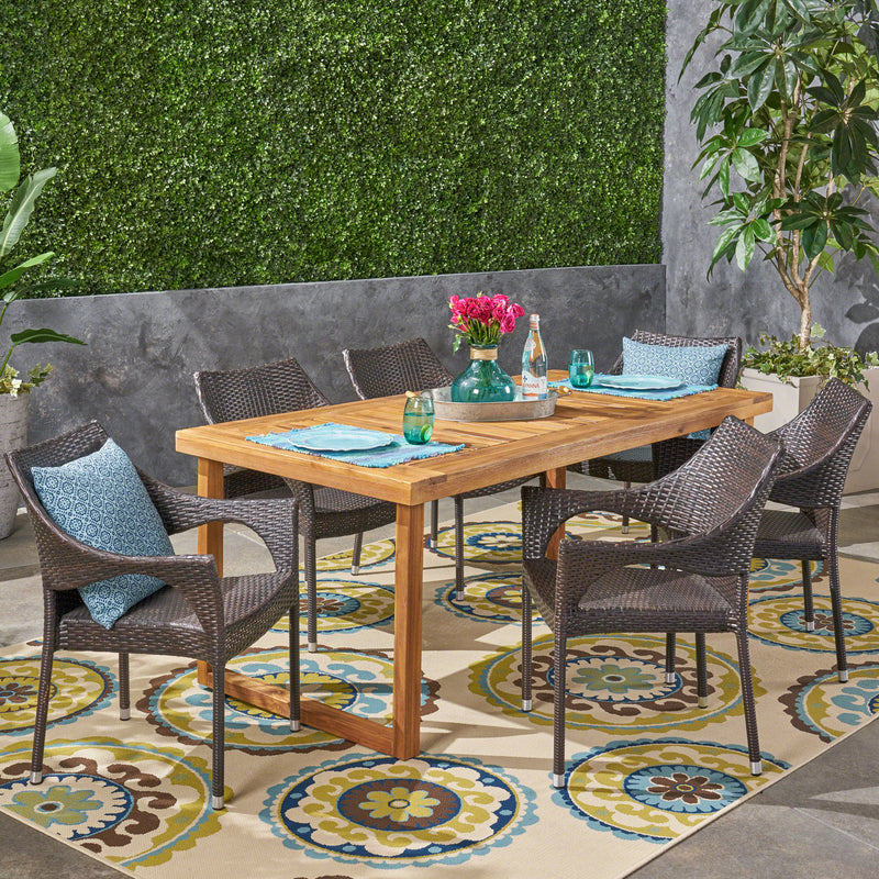 Outdoor 7 Piece Acacia Wood Dining Set with Stacking Wicker Chairs, Sandblast Natural and Multi Brown - NH042603