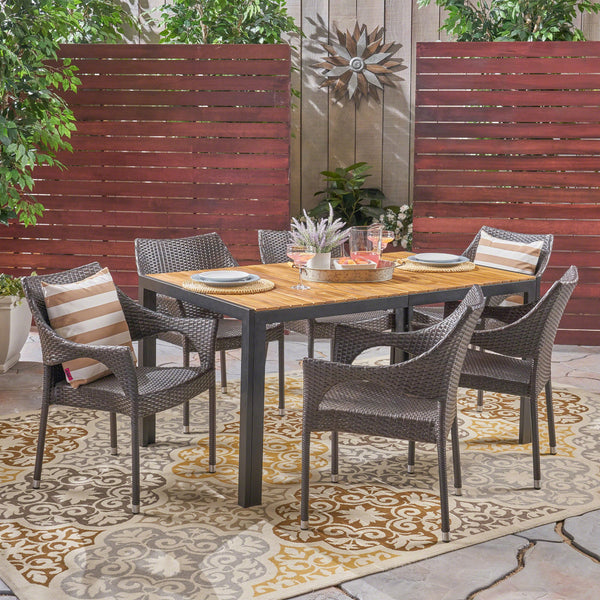 Outdoor 6-Seater Rectangular Acacia Wood and Wicker Dining Set, Teak with Black and Multi Brown - NH803603