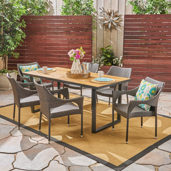 Outdoor 6-Seater Rectangular Acacia Wood and Wicker Dining Set, Teak with Black and Multi Brown - NH103603