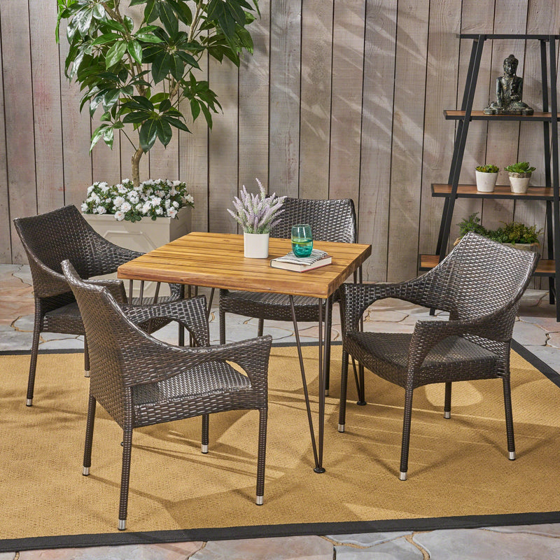 Outdoor Farmhouse Wood and Wicker 5 Piece Square Dining Set, Teak and Multi Brown - NH664503