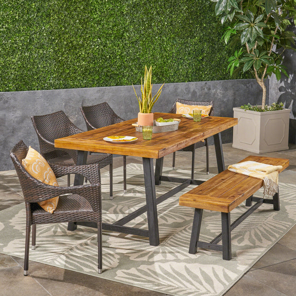 Outdoor 6 Piece Dining Set with Wicker Chairs and Bench, Sandblast Teak and Multi Brown and Cream - NH542603