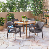 Outdoor 5 Piece Wicker Dining Set with Round Acacia Wood Slat Top Table - NH952503