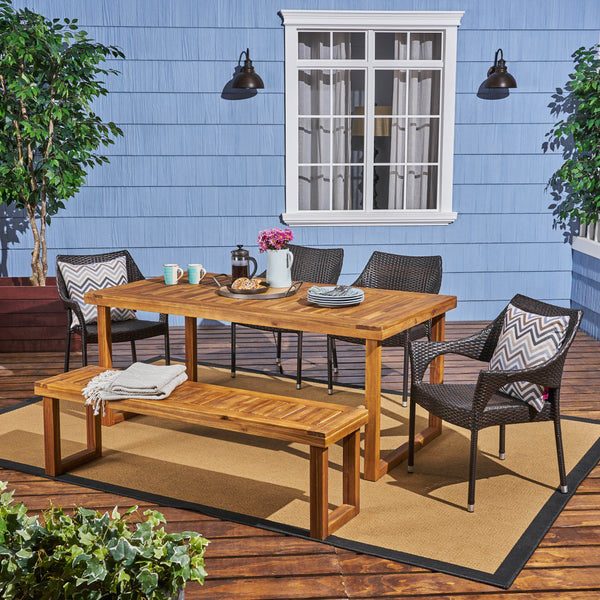 Outdoor 6-Seater Wood and Wicker Chair and Bench Dining Set - NH384503