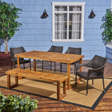 Outdoor 6-Seater Wood and Wicker Chair and Bench Dining Set - NH384503