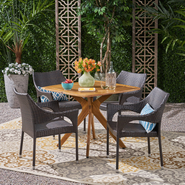 Outdoor 5 Piece Wood and Wicker Dining Set - NH091503