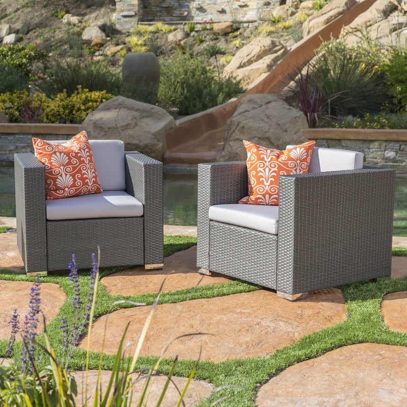 Outdoor Grey Wicker Club Chair with Silver Water Resistant Fabric Cushions (Set of 2) - NH788992