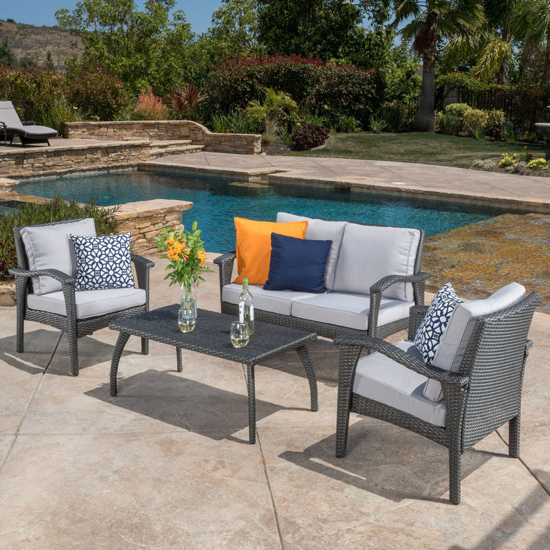 Outdoor 4 Piece Gray Wicker Chat Set with Cushions - NH687532