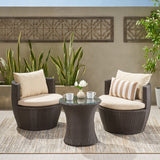 Outdoor Round 3-Piece Brown Wicker Chat Set with Beige Cushions - NH323692