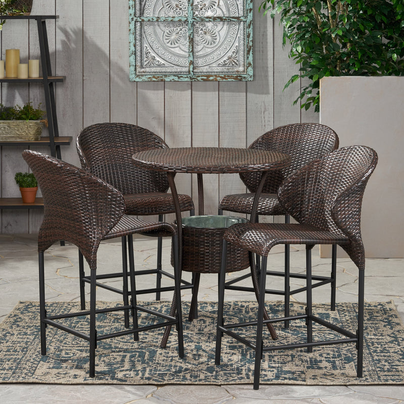 Outdoor 5-Piece Multi-Brown Wicker Bistro Bar Set with Ice Bucket - NH780832
