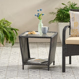 Modern Outdoor Brown Wicker Side Table with Tempered Glass Top - NH404832