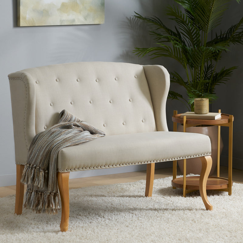 French Country Style Tufted Beige Fabric Wingback Bench - NH615832