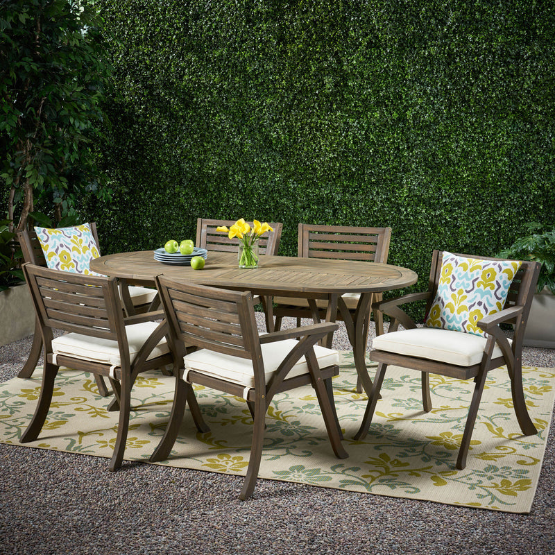 Outdoor 6 Seater Acacia Wood Oval Dining Set with Cushions - NH559903