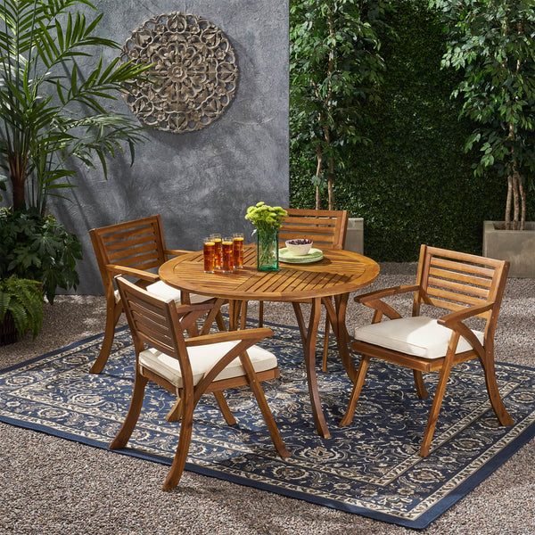 Outdoor 4 Seater Acacia Wood Circular Dining Set with Cushions - NH359903