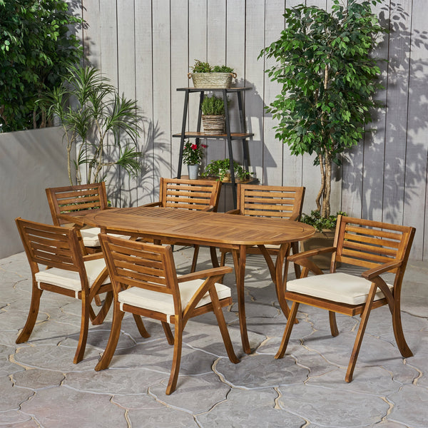 Outdoor 6 Seater Acacia Wood Oval Dining Set with Cushions - NH559903