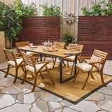 Outdoor 6-Seater Rectangular Acacia Wood and Iron Dining Set, Teak with Black and Cream - NH692603