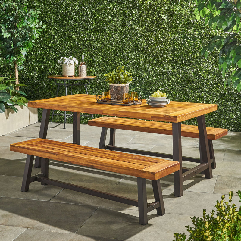 Outdoor Modern Industrial 3 Piece Acacia Wood Picnic Dining Set with Benches, Sandblasted Teak - NH304892
