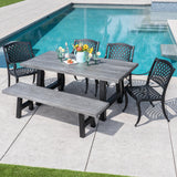 Outdoor 6 Piece Black Sand Aluminum Dining Set with Light Weight Concrete Table and Bench - NH108303